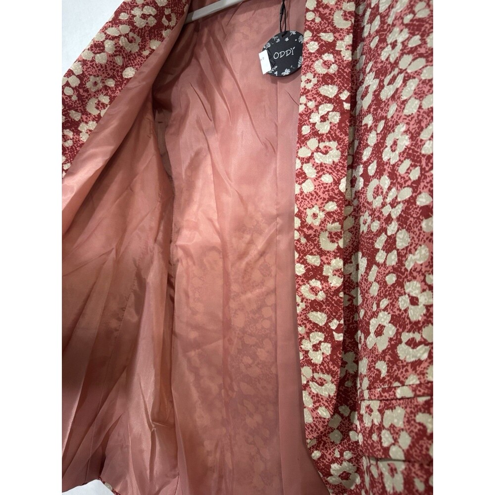 ODDI Floral Open Front Blazer Jacket Red White Pink Ruched 3/4 Sleeve Sz Small - Picture 9 of 11